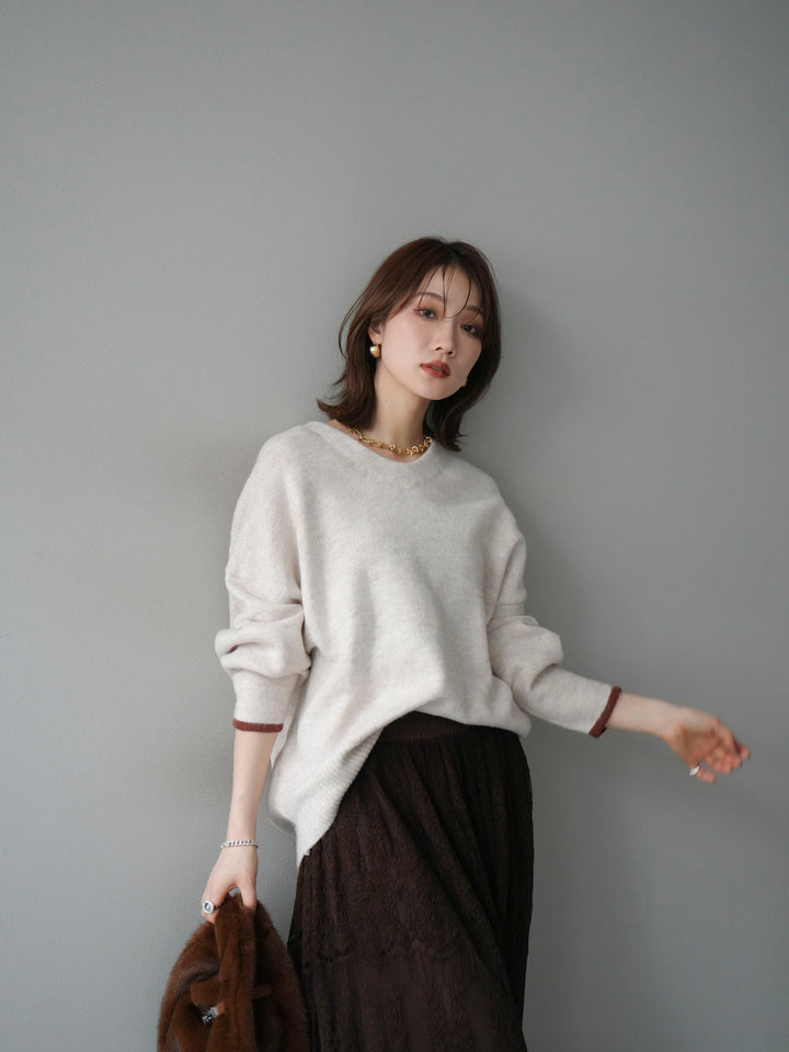 [SET]Vネック配色スリーブニットプルオーバー+選べるアクセセット(2set)