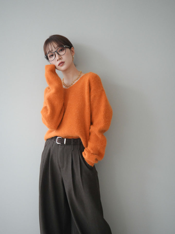 [SET]シュシュ付きアンゴラタッチVネックニットプルオーバー+選べるアクセセット(2set)