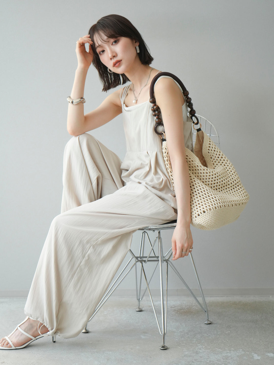 [SET]リネンライクビスチェデザインサロペット+ダブルストラップカットリブブラキャミソール(2set)