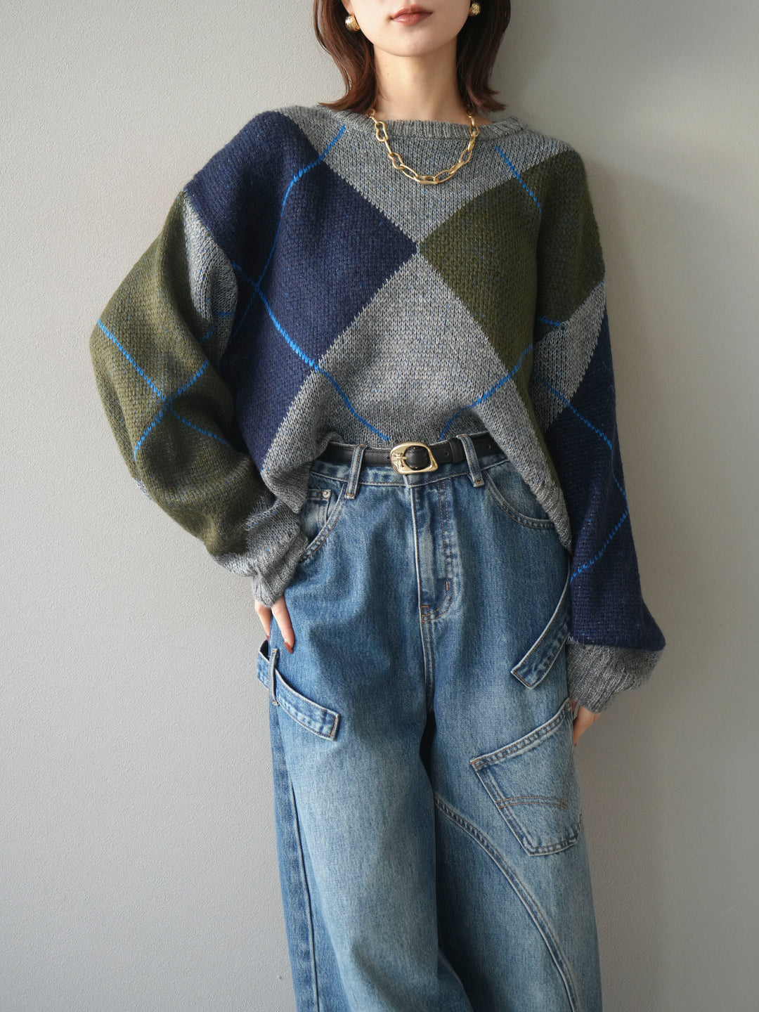 [SET]配色ステッチアーガイル柄ニットプルオーバー+選べるアクセセット(2set)