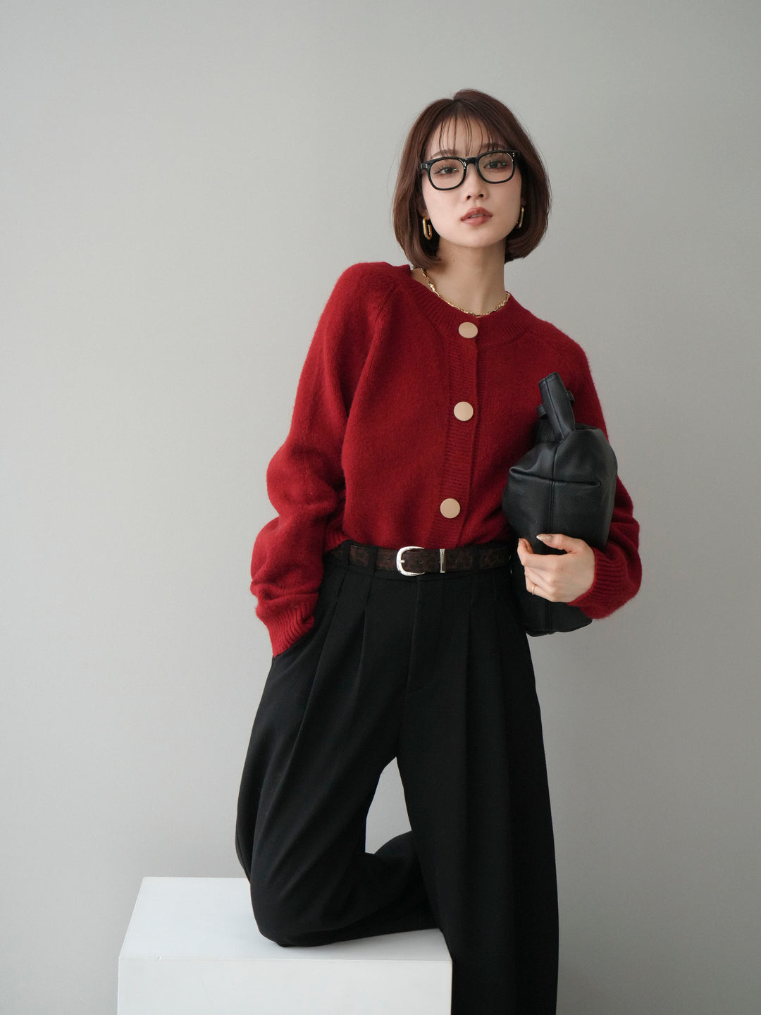 [SET]BIGボタンニットカーディガン+アニマル柄ベルト付きウールタッチワイドパンツ(2set)