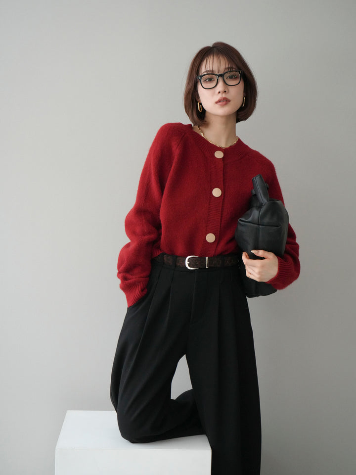 [SET]BIGボタンニットカーディガン+アニマル柄ベルト付きウールタッチワイドパンツ(2set)