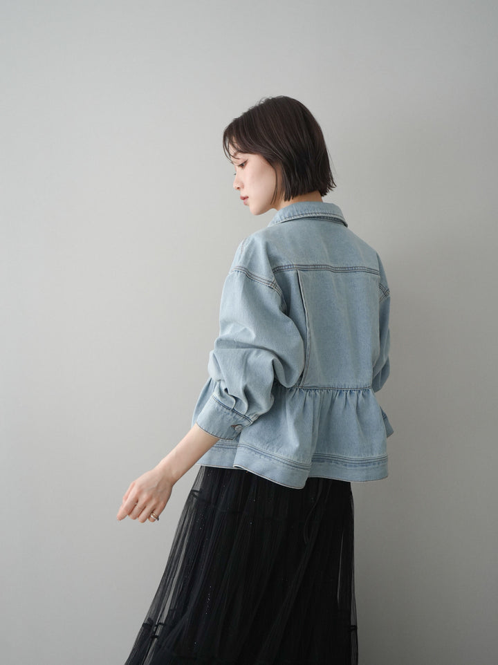 【套裝】荷葉邊牛仔外套+無袖緞面蕾絲吊帶背心+亮片褶皺多層薄紗長裙（三件套）