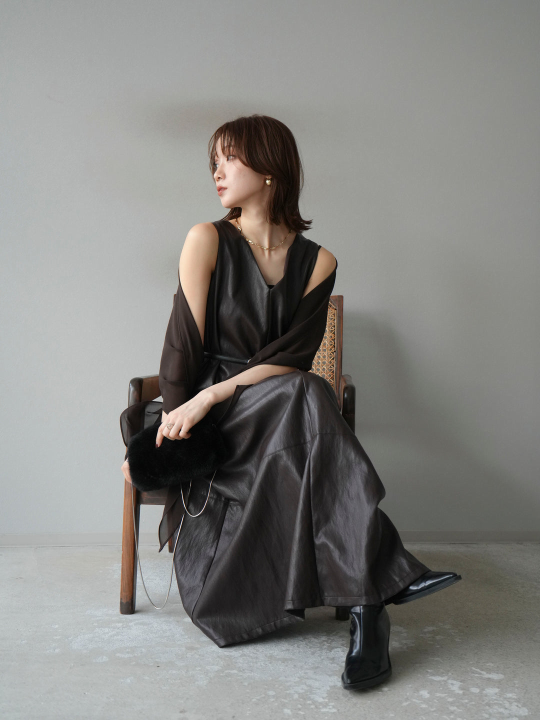 [予約]レザーAラインワンピース/ブラウン