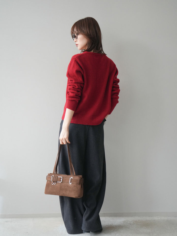 [SET]アンティークボタンニットカーディガン+アニマル柄ベルト付きウールタッチワイドパンツ(2set)