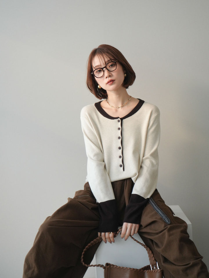 [SET]ヘンリーネック配色ニットソー+コットンタックループパンツ(2set)