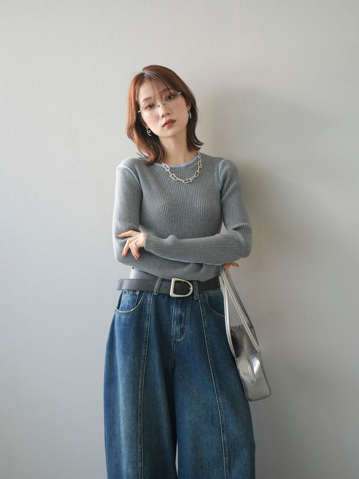 [予約]バイカラークルーネックリブニットトップス/gray