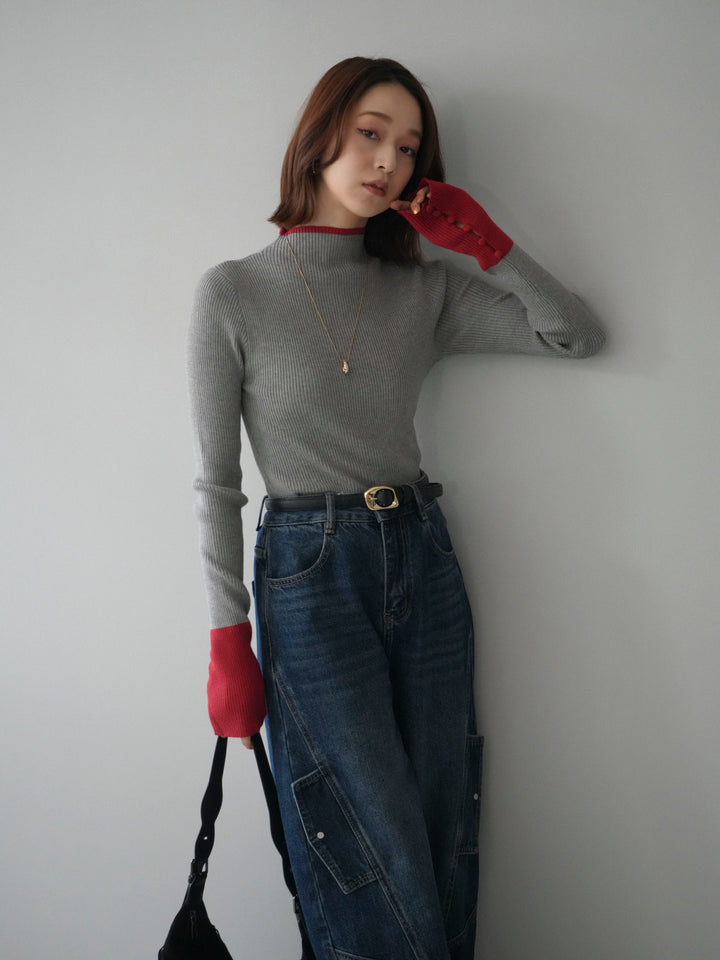 [SET]袖ボタンハイネック配色リブニットトップス+選べるアクセセット(2set)