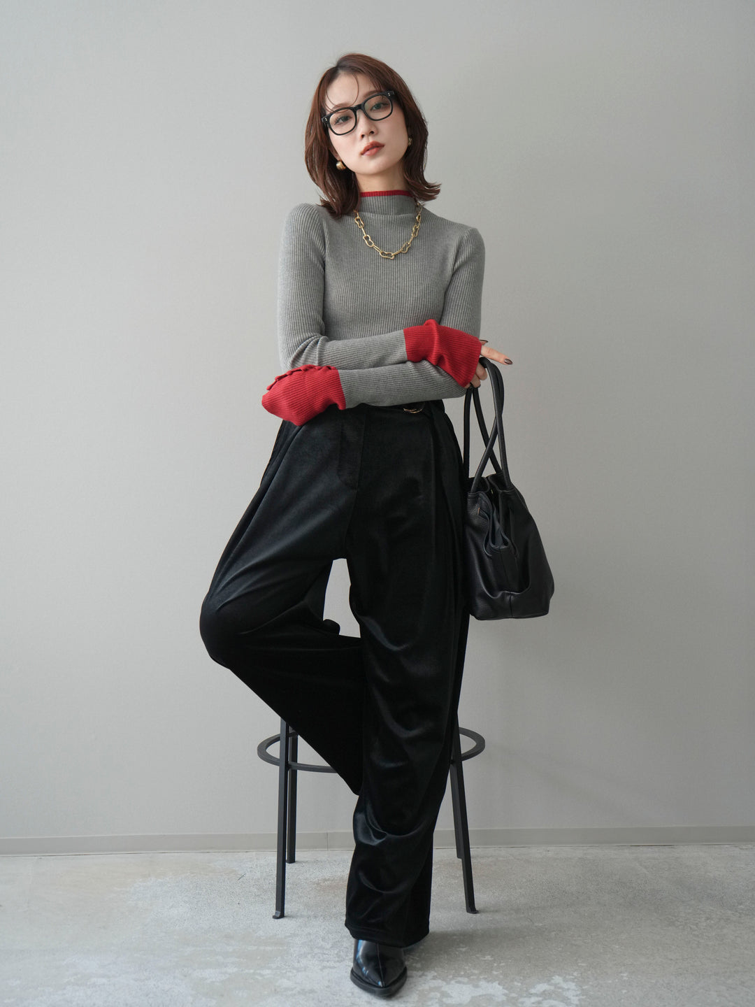 [予約]袖ボタンハイネック配色リブニットトップス/gray