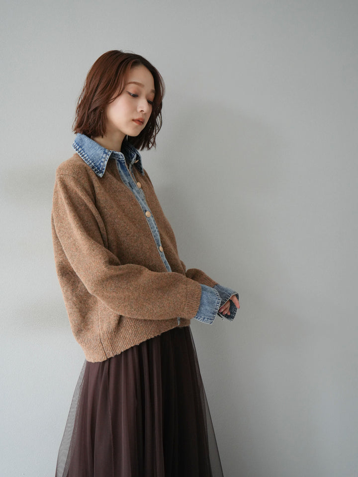 【預購】牛仔領紐扣針織開襟衫/駝色