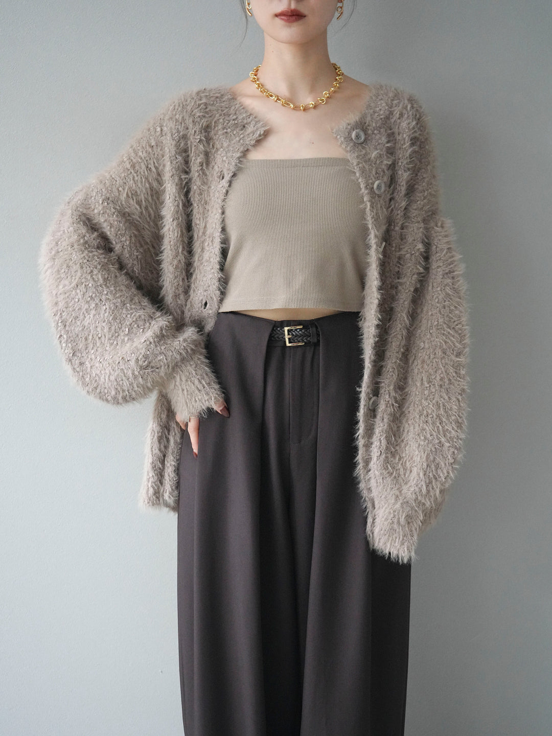 [SET]クルーネックランダムシャギーカーディガン+ベルトループデザインワイドパンツ(2set)