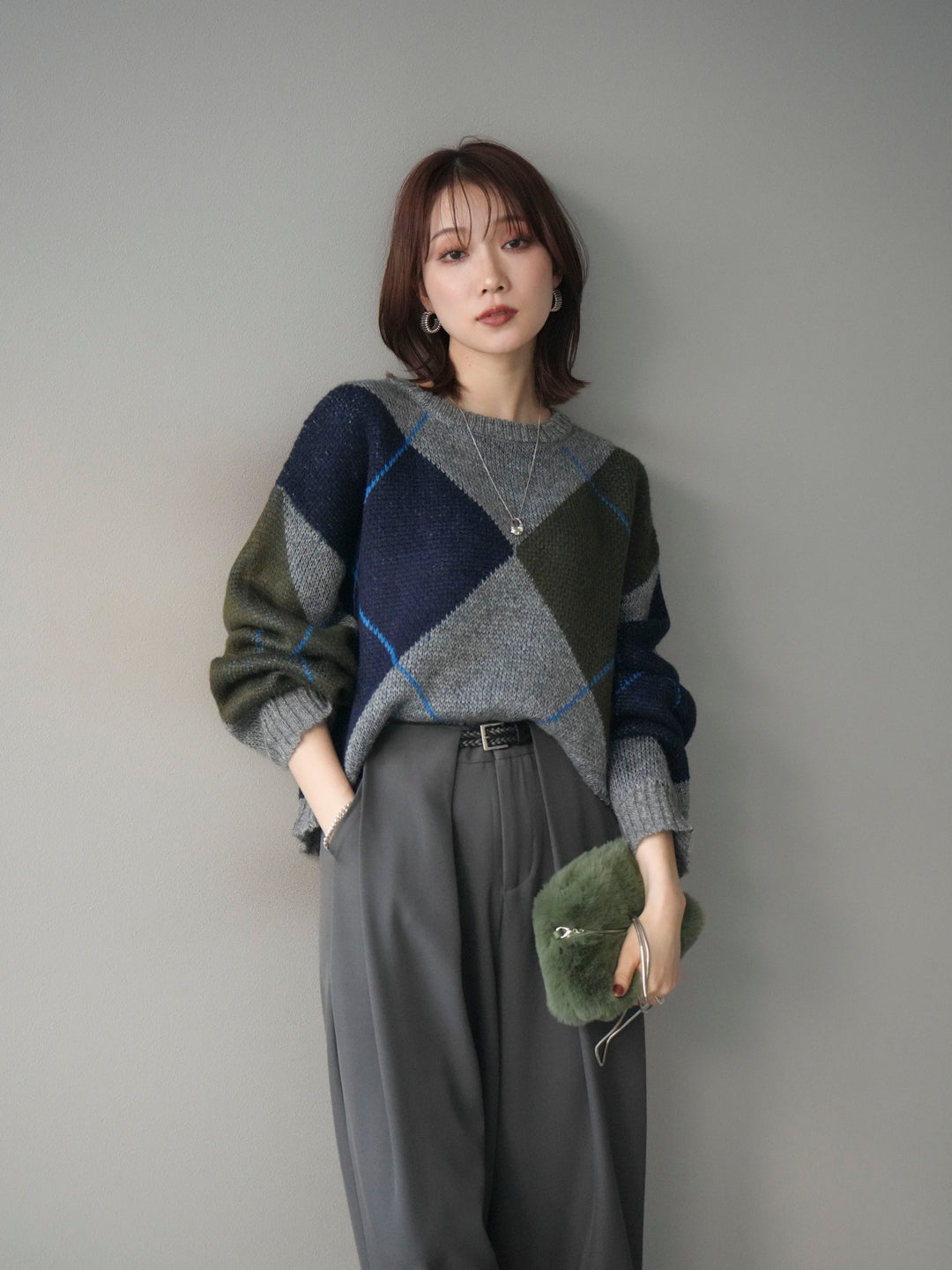 [予約]配色ステッチアーガイル柄ニットプルオーバー/gray