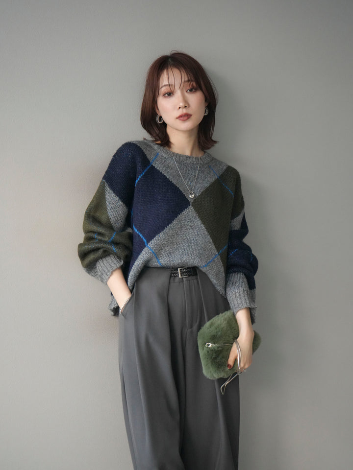 [予約]配色ステッチアーガイル柄ニットプルオーバー/gray