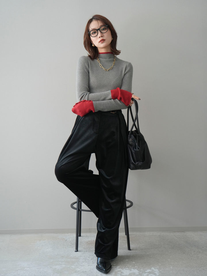 [SET]袖ボタンハイネック配色リブニットトップス+ベロアベルトスリムパンツ(2set)