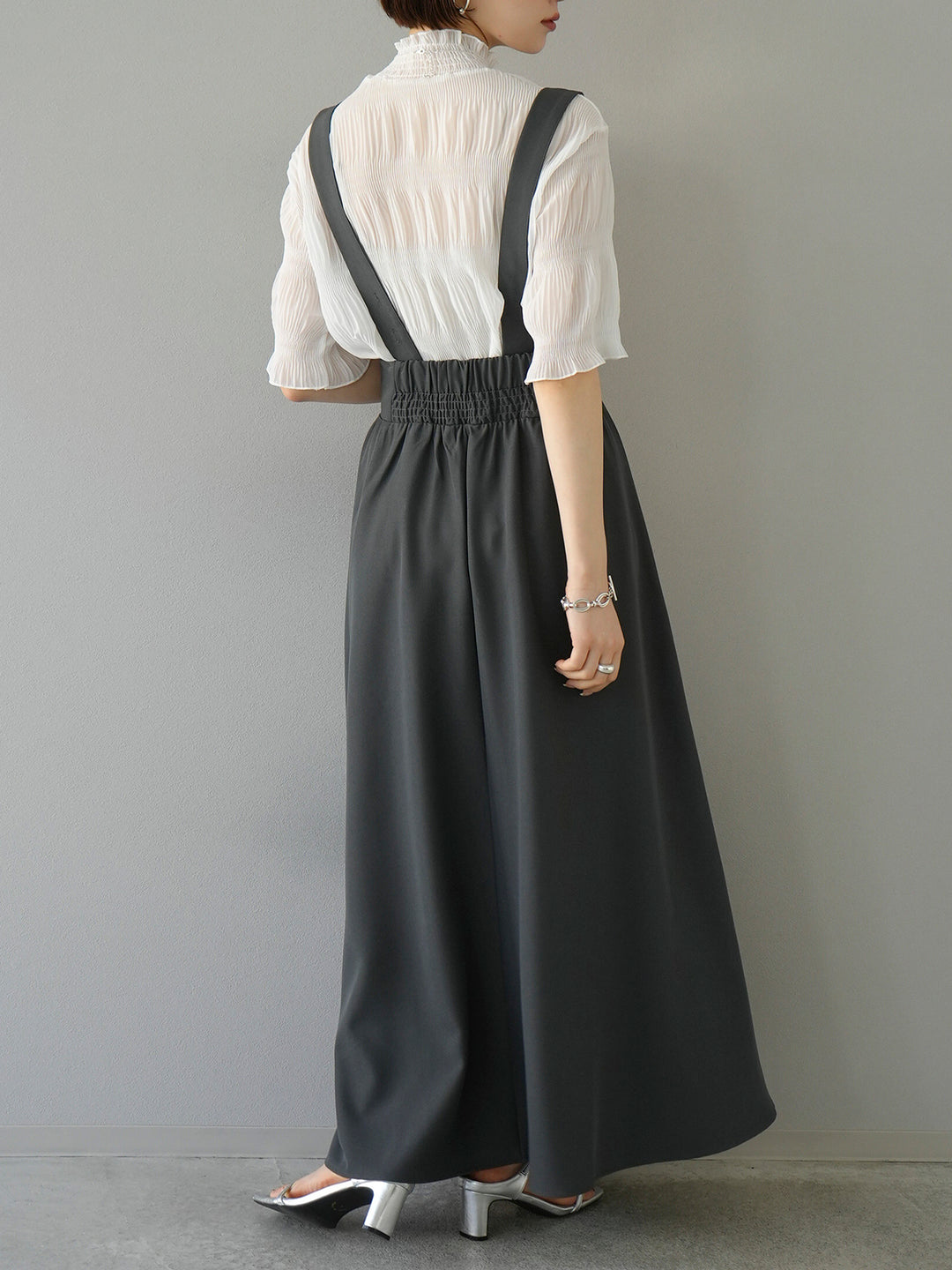 [SET] Shirring chiffon half sleeve blouse + 2WAY flare jumper skirt (2set)