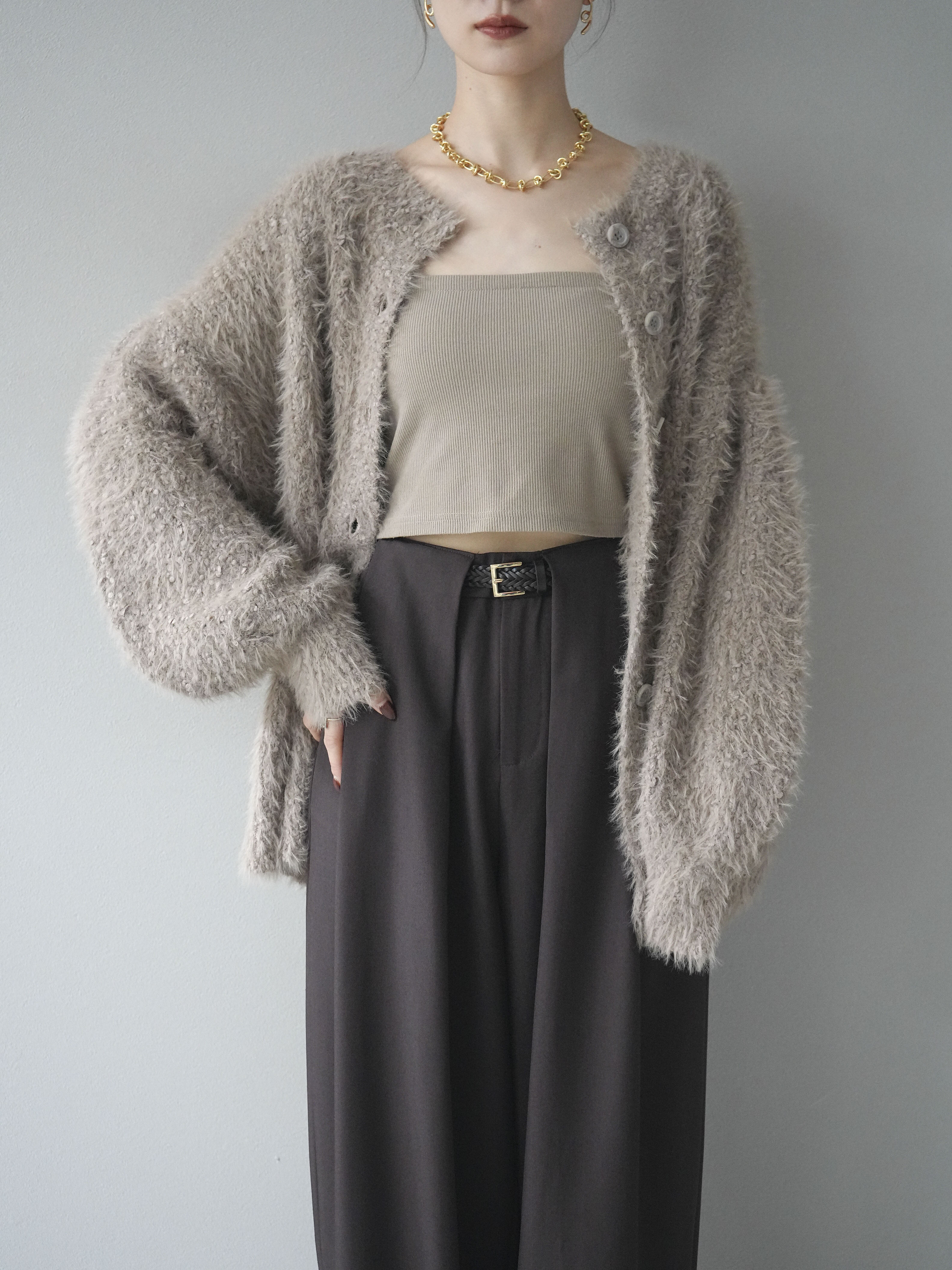 予約]クルーネックランダムシャギーカーディガン/グレージュ – Lumier