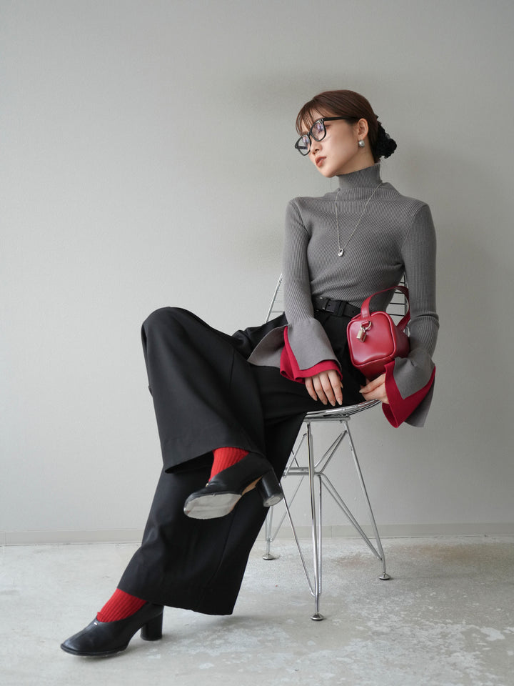 [SET] 疊層喇叭袖高領針織上衣 + 雙褶寬褲 (2 套)