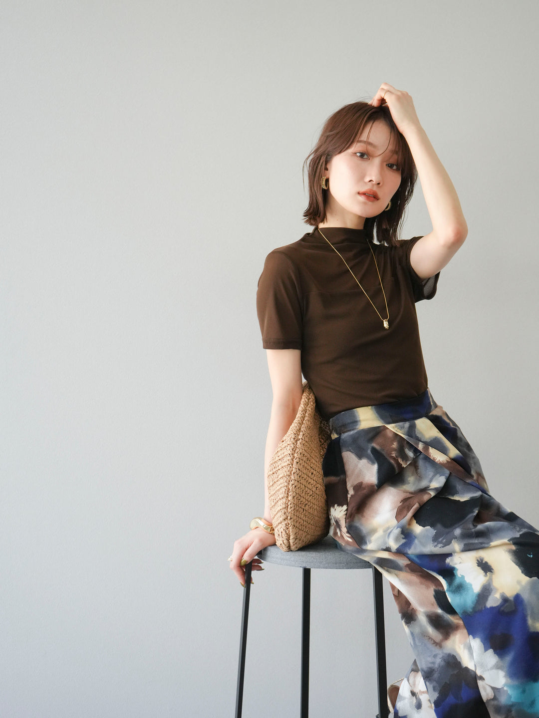 [SET] 透視半袖上衣 + 水彩印花褶襉I字裙 (2set)