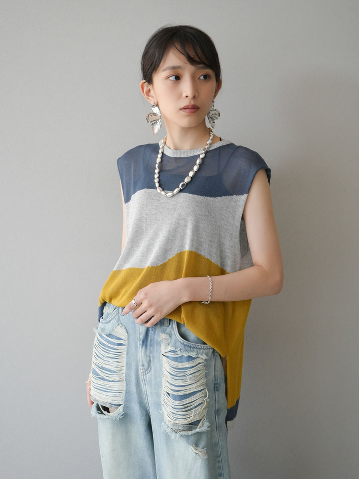 [Pre-order] Bicolor sheer knit sleeveless top/gray