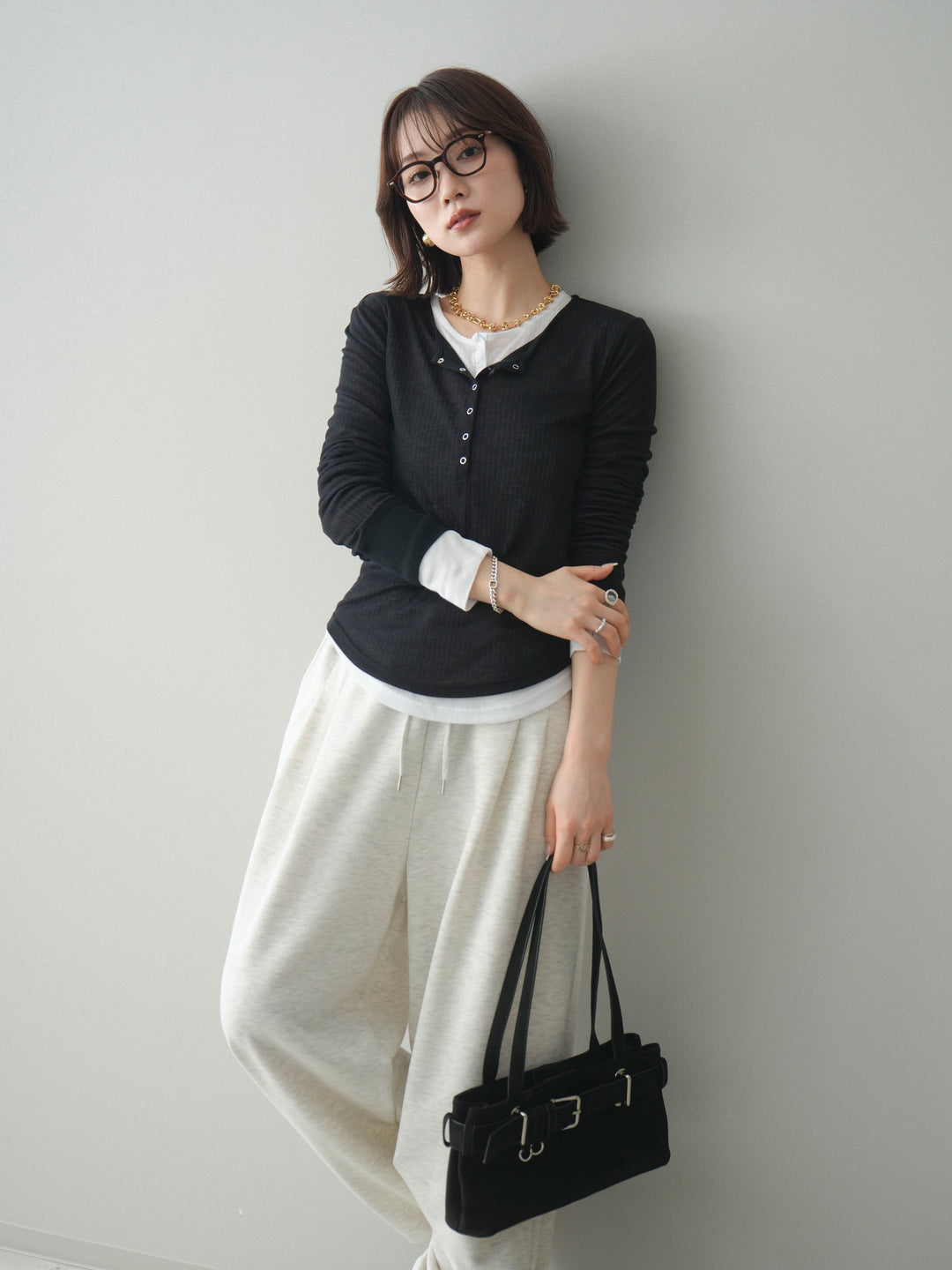 [予約]シアーリブヘンリーネックロンT/black