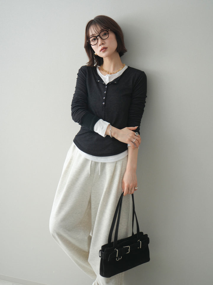 [予約]シアーリブヘンリーネックロンT/black