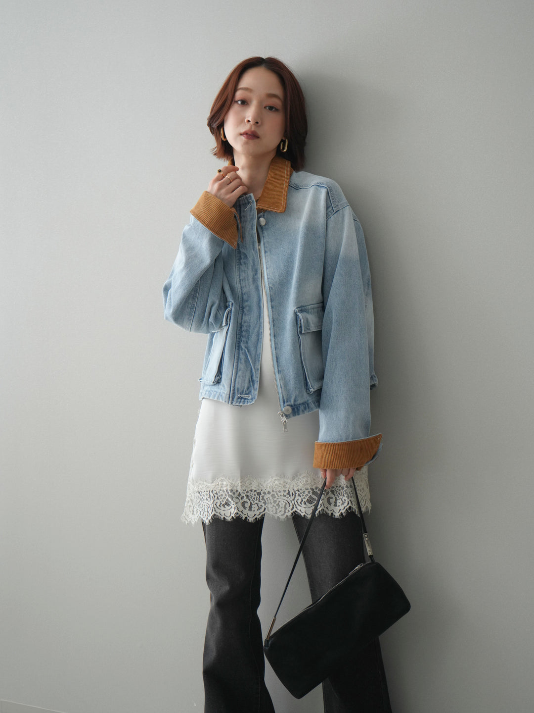 [予約]コーデュロイ×デニムショートカバーオール/bleach