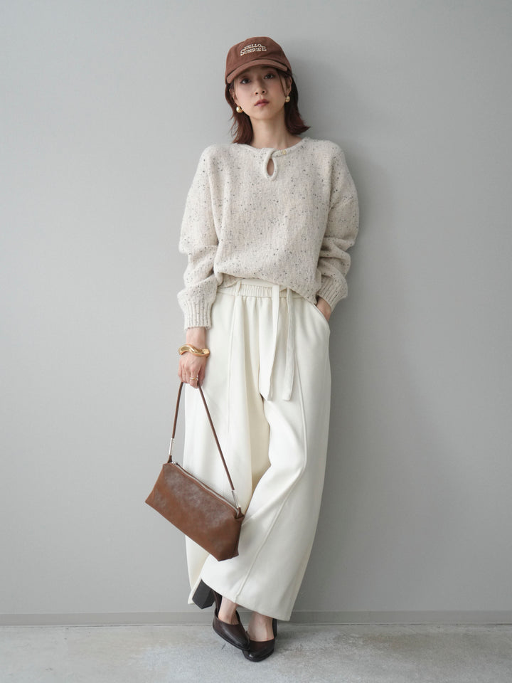 [SET]ツイストネックラメネップヤーンニットプルオーバー+ウエストベルトカーブラインスエットパンツ(2set)