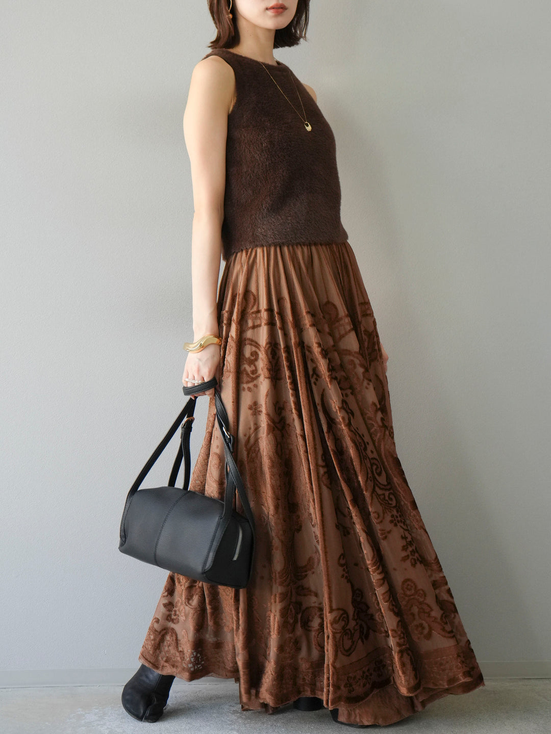 [予約]アンティーク柄フロッキーマキシスカート/ブラウン