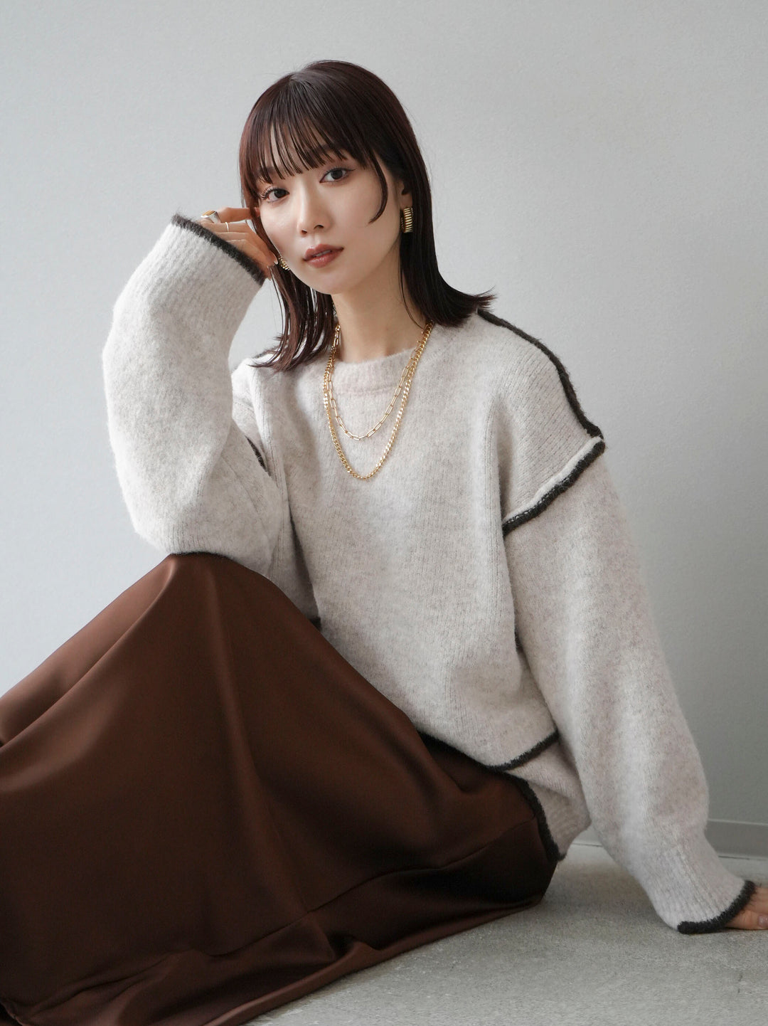 [預訂] 色彩協調針織套頭衫/象牙色