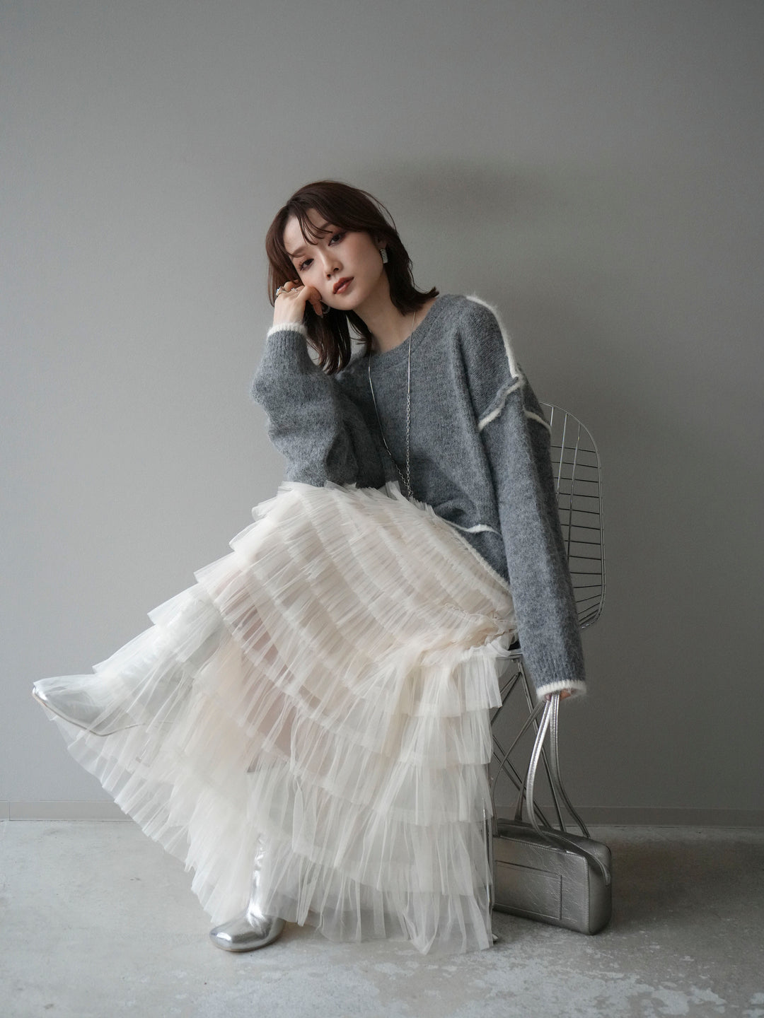 【預購】雙色拼接針織套頭衫/灰色