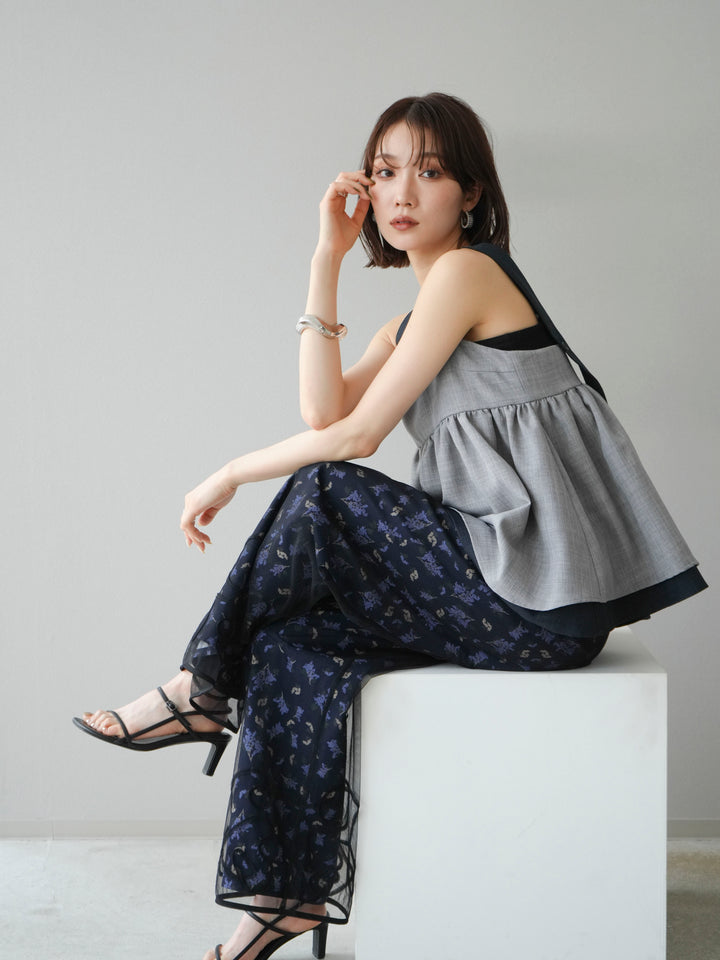 [SET]リネンライク配色フレアタンクトップ+ブーケプリントタックパンツ(2set)