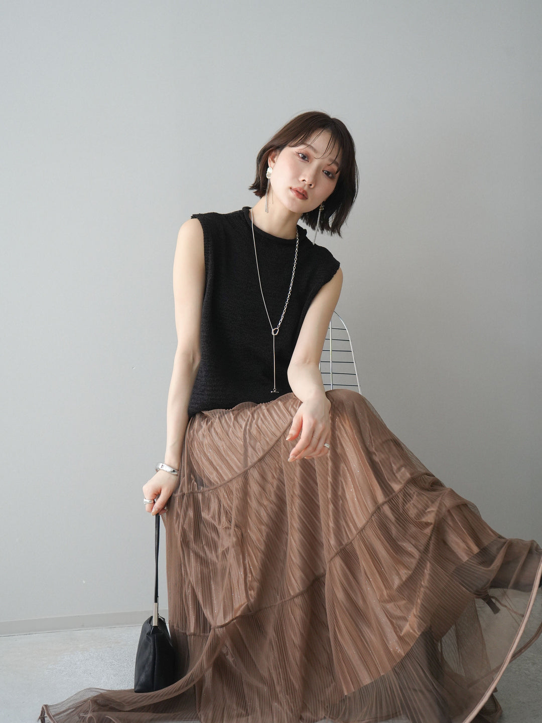 [予約]ノースリーブリネンタッチシアーニットプルオーバー/black