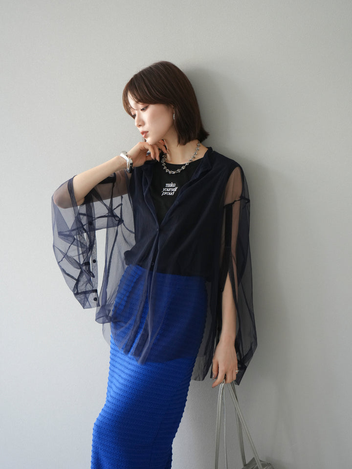 [予約]2WAYスリーブチュールシャツ/ネイビー