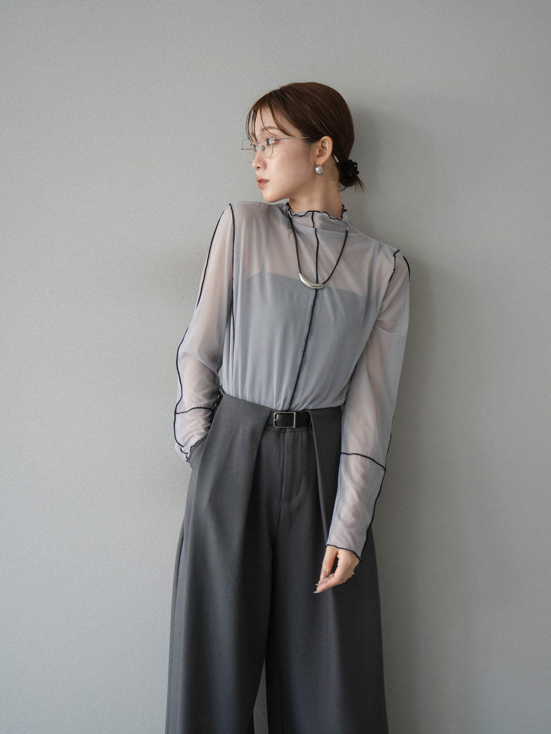 [予約]シアーパイピングカットソー/ライトグレー×ネイビー