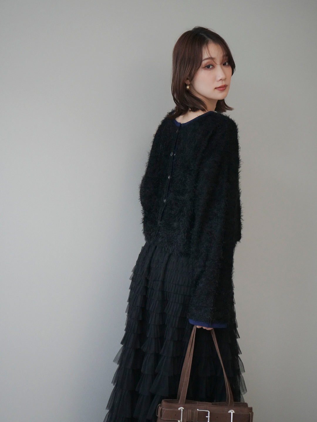 [予約]バイカラー2WAYシャギーニットカーディガン/black