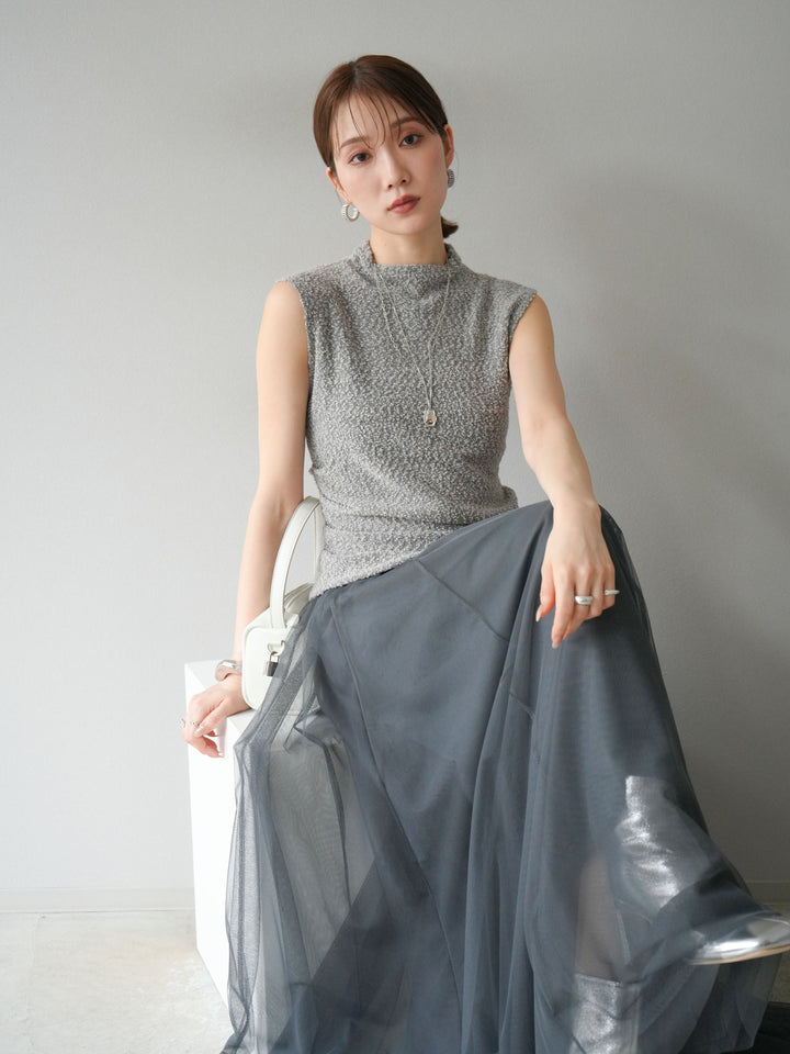 [SET]ブークレアシメニットノースリーブトップス+チュールボリュームスカート(2set)