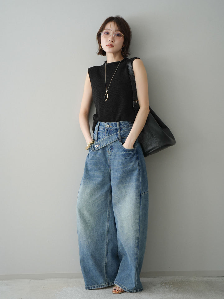 【套裝】無袖亞麻質感透視針織套頭衫 + 不對稱闊腿牛仔褲（兩件套）