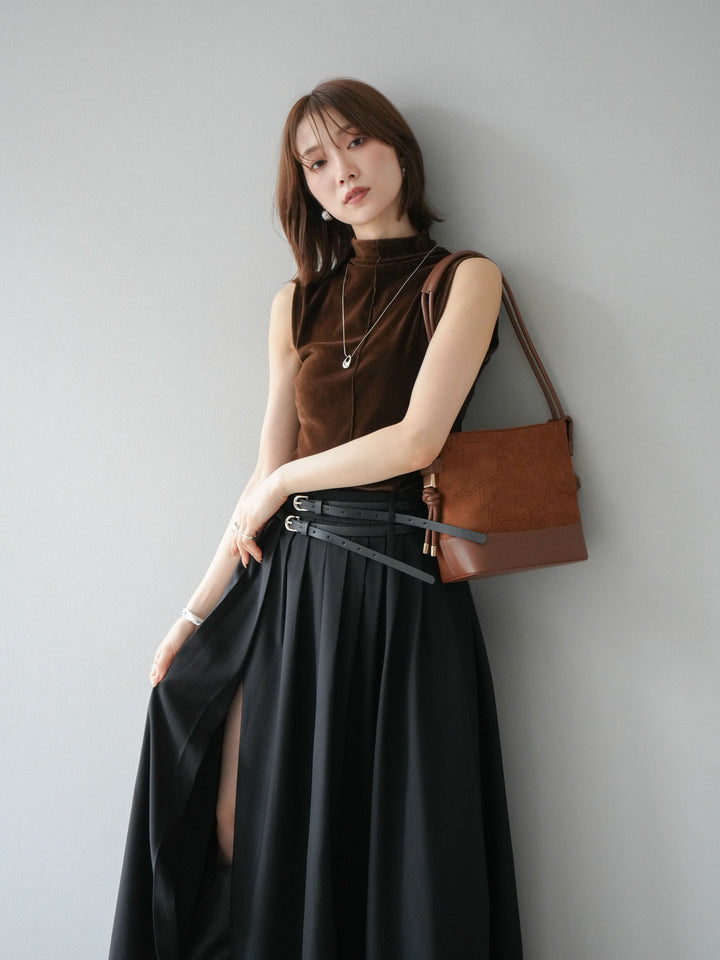 [SET]シアーベロアプチネックノースリーブトップス+エステルプリーツスリットスカート(2set)