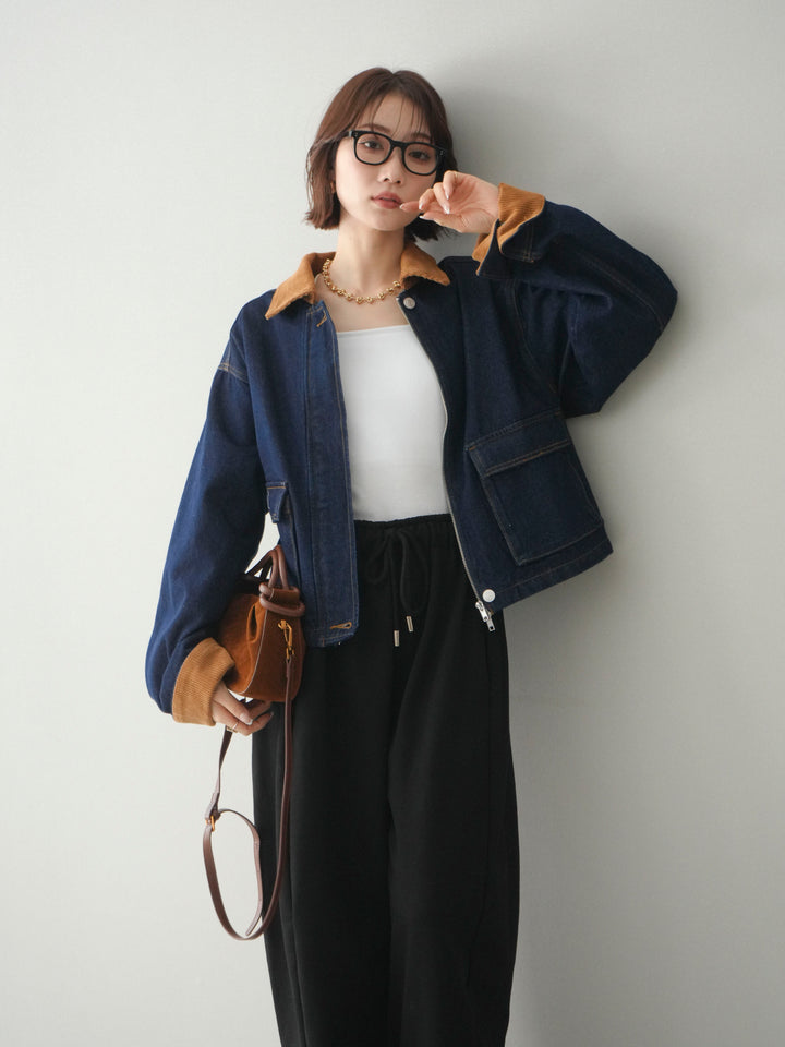 [予約]コーデュロイ×デニムショートカバーオール/indigo