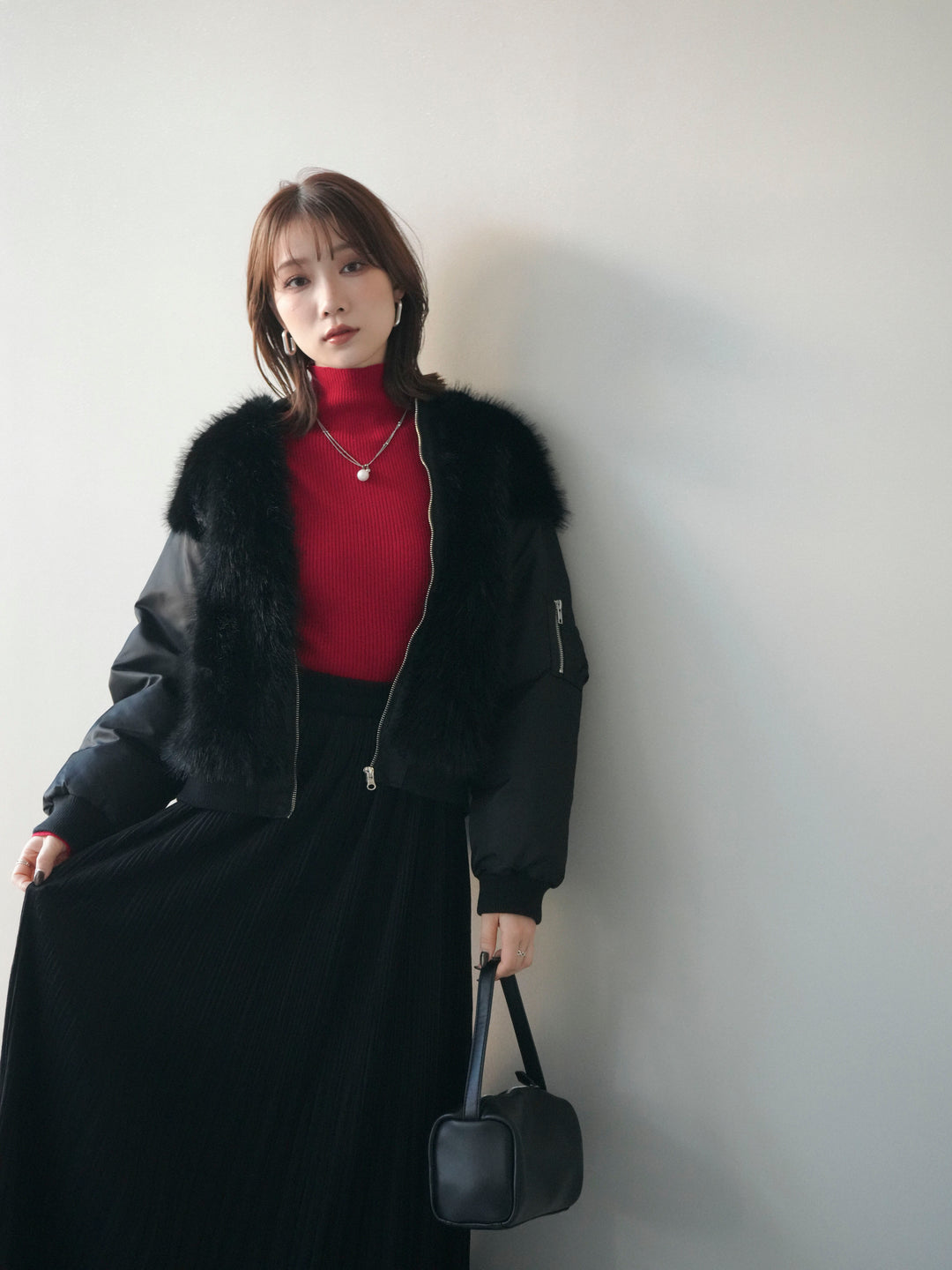 [SET]ファードッキングMA-1+袖ボタンボトルネックリブニットトップス(2set)