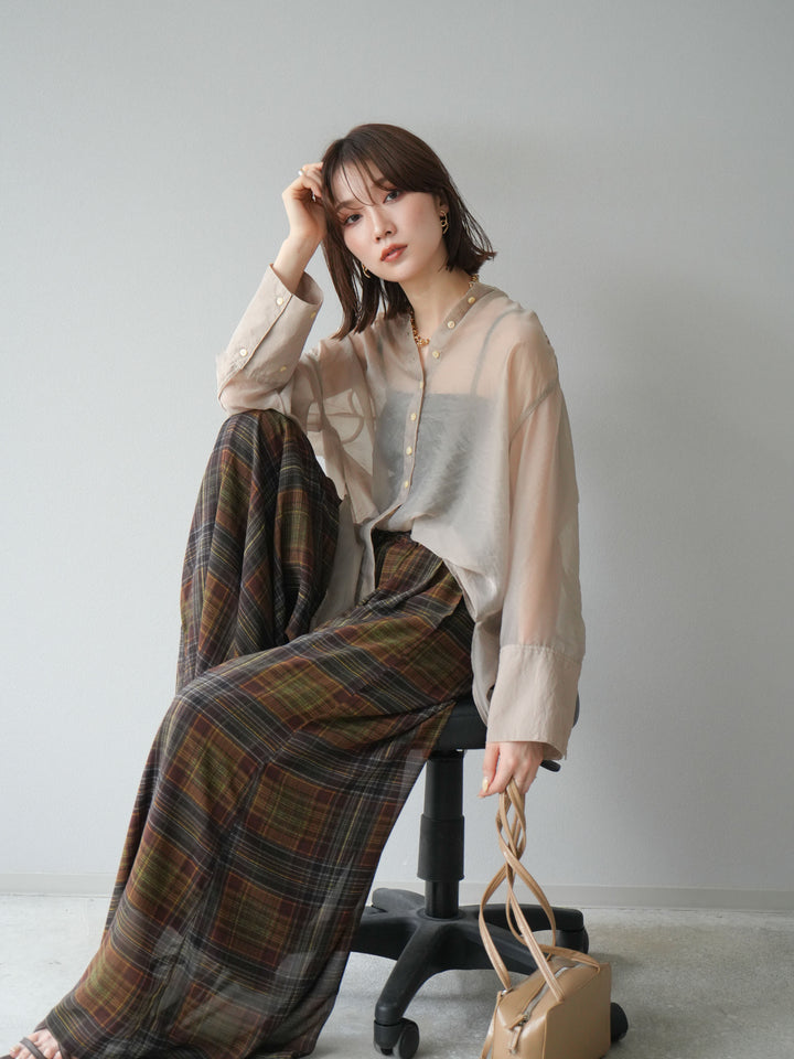 [SET] 亮面透視立領襯衫 + 透視格紋寬鬆褲 (2 件套)