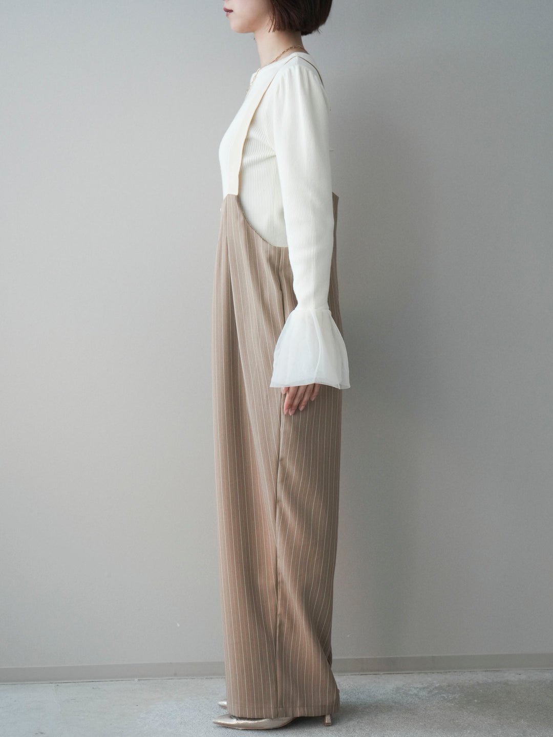 [予約]グログランテープストライプサロペット/beige