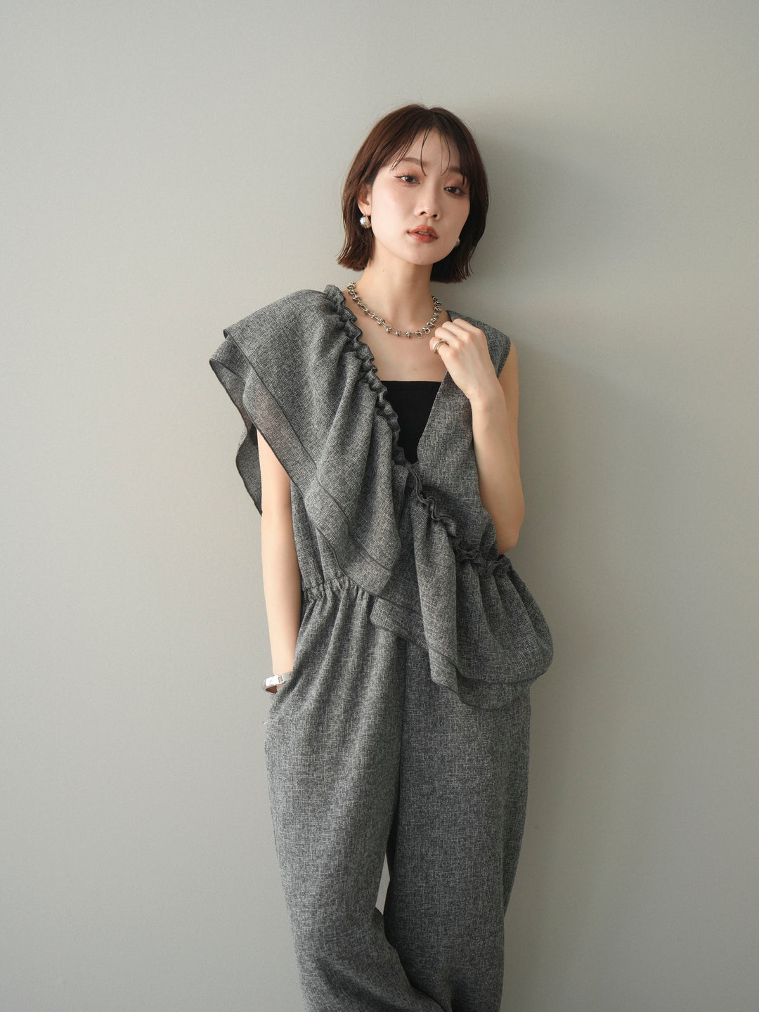 [SET]3WAYミックスツイードギャザーオールインワン+選べるアクセセット(2set)