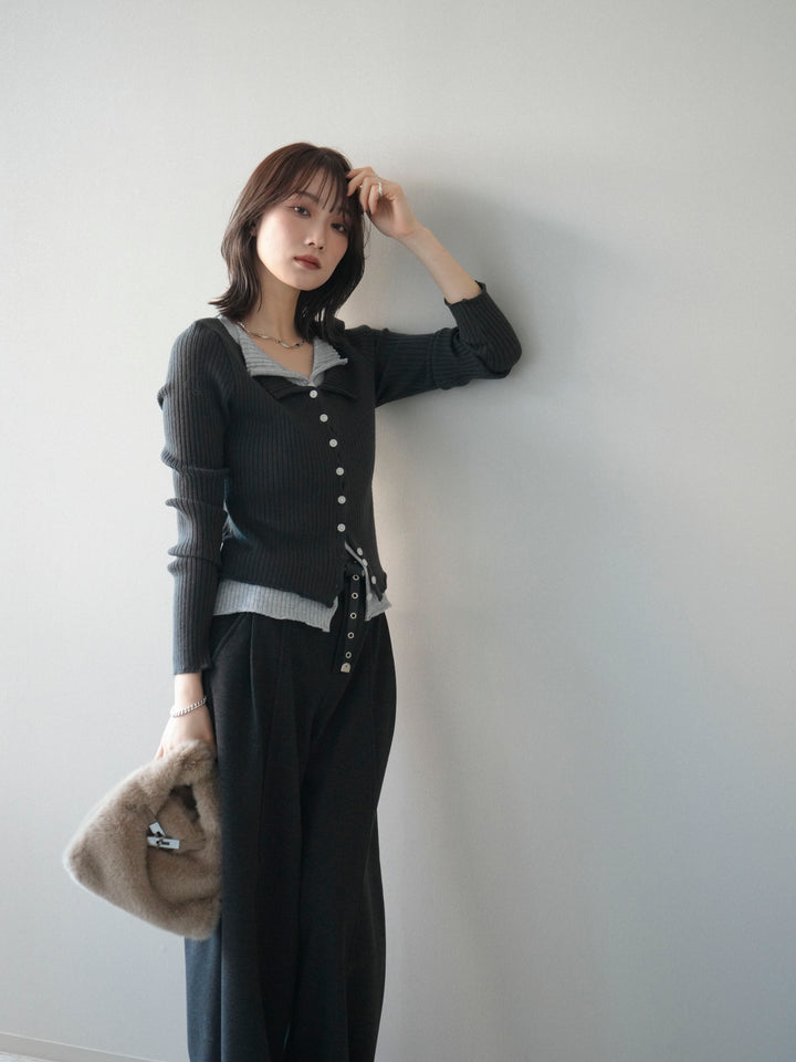 [予約]配色レイヤードリブニットカーディガン/charcoal