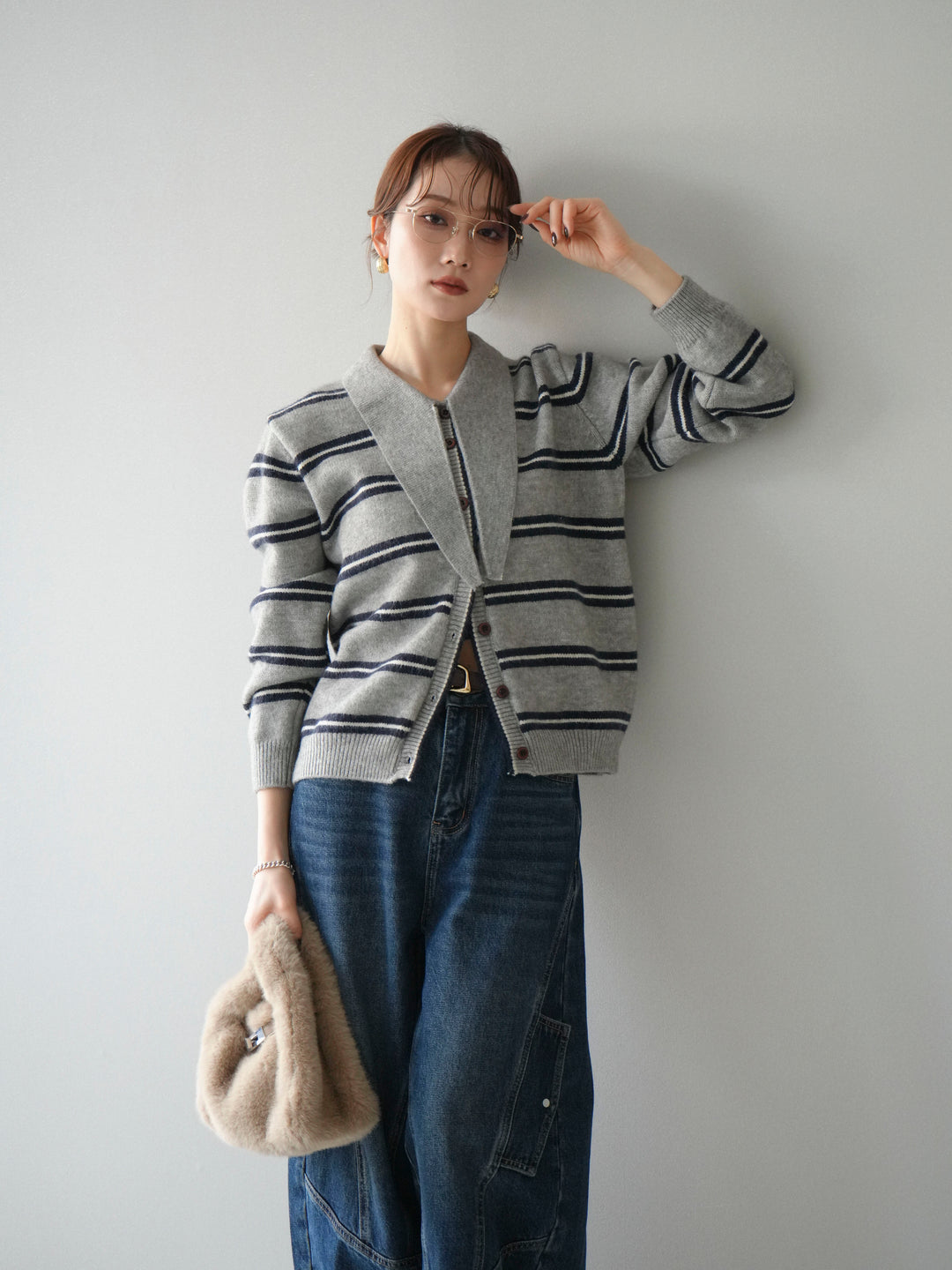 [予約]ボウタイボーダーニットカーディガン/gray