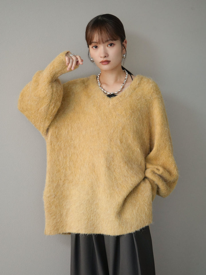 [予約]Vネックオーバーモヘアニットプルオーバー/イエロー