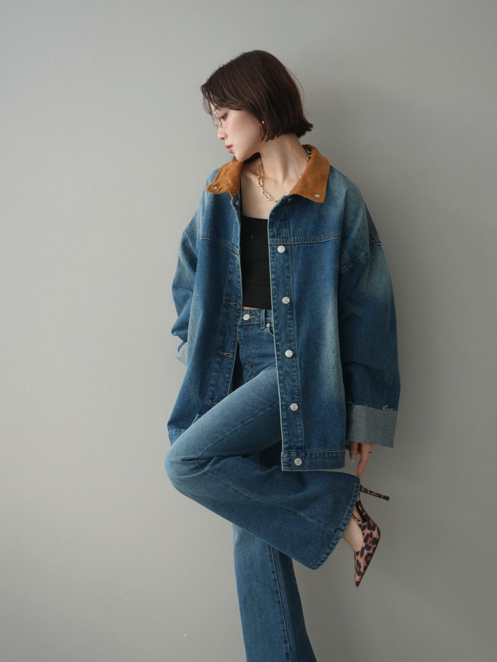 [SET]コーデュロイ×デニムミドルジャケット+フレアデニムパンツ(2set)