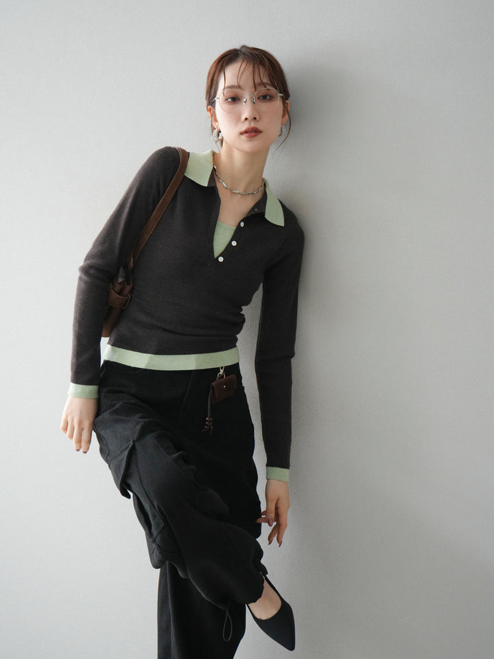 [予約]レイヤード配色ポロニットトップス/darkbrown