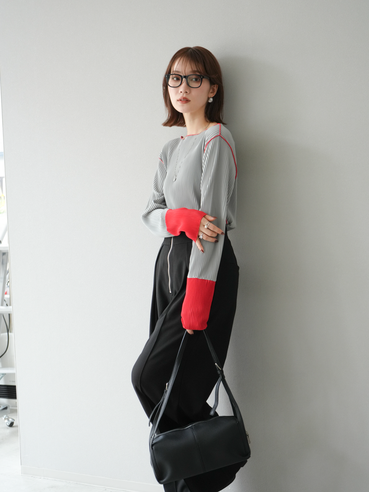 [予約]バイカラープリーツトップス/グレー