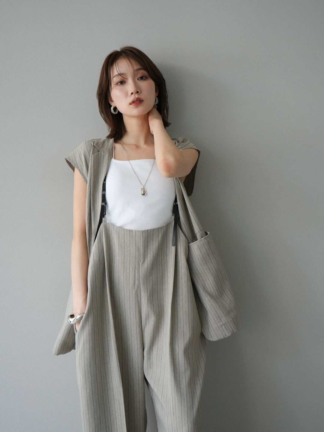 [SET]ヘリンボーンストライプジレ+ヘリンボーンストライプサロペット(2set)